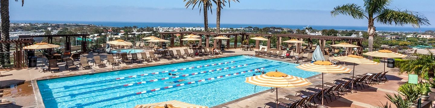 A sunny resort pool area with crystal-blue water, lounge chairs, and umbrellas, palm trees dotting the landscape with a distant sea view.
