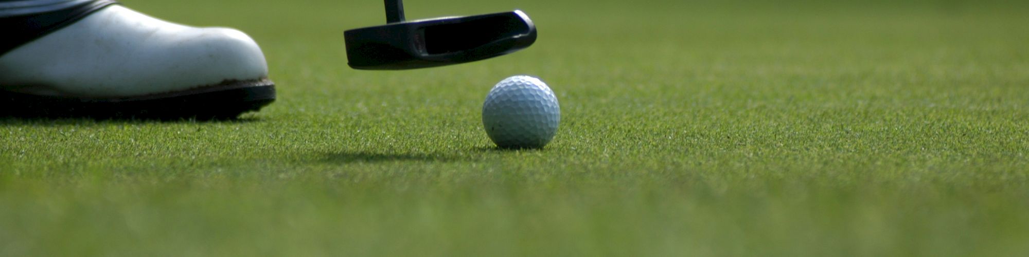 A close-up of a golf ball on the green, with a golfer&rsquo;s shoe and putter aligned for a putt, about to roll the ball toward the hole.
