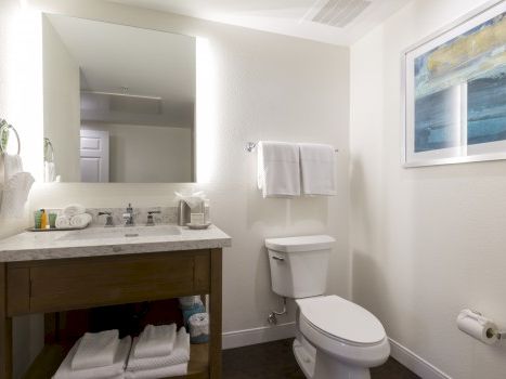 A clean modern bathroom with a wooden vanity, under-sink shelves, toilet, towel rack, wall art, and a large mirror with bright lighting.