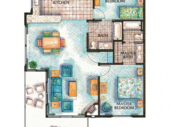 A two-bedroom apartment with a living/dining area, kitchen, two bedrooms (one master), bathroom, and a small balcony.
