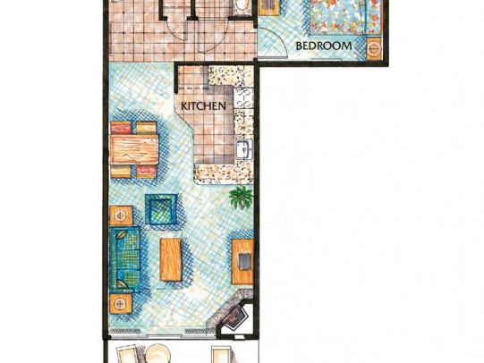 A one-bedroom apartment with a living room, kitchen, bathroom, and a separate bedroom, compact but cozy.