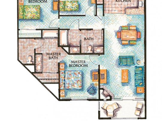 A three-bedroom apartment floor plan with a kitchen, dining area, living room, two baths, and a master suite, plus additional bedrooms.
