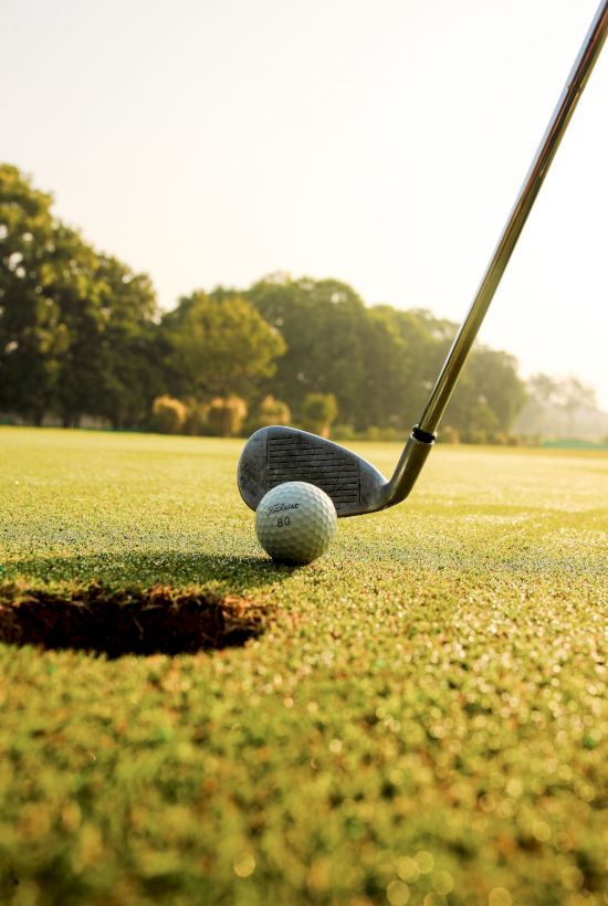A golf ball labeled &ldquo;Titleist 80&rdquo; sits on green grass next to a metal club outdoors in warm sunlight.