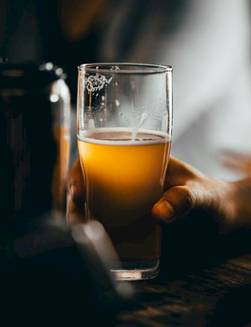 A hand holds a glass of amber beer/ale with bubbles, with a dark bottle blurred in the background.