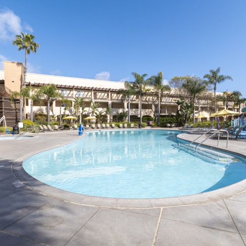 Resort-style courtyard with a large outdoor pool, palm trees, lounge chairs, and sun umbrellas under a blue sky.