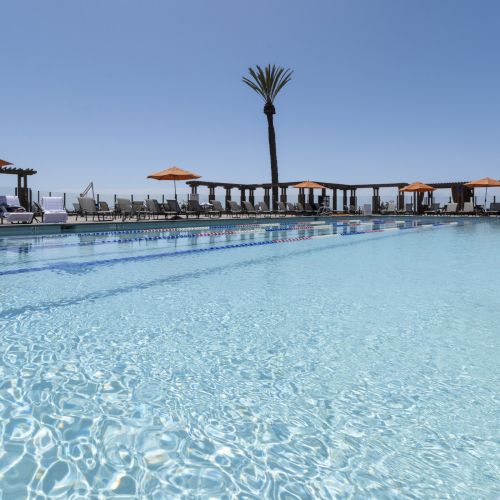 An outdoor resort pool with clear blue water, rows of lounge chairs, and orange umbrellas under a sunny sky.