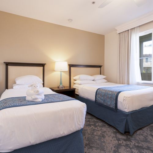 A bright hotel bedroom with two neatly made beds, bedside lamps, and big windows with curtains.